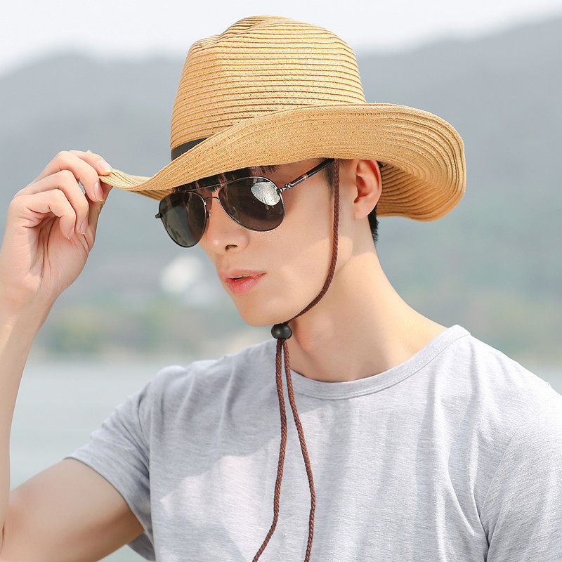 凉帽男士夏天防晒草帽遮阳帽户外太阳帽大檐钓鱼帽中老年沙滩帽男