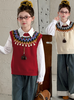 女童春秋套装2026新款儿童韩版洋气针织马甲白色衬衫牛仔阔腿裤潮