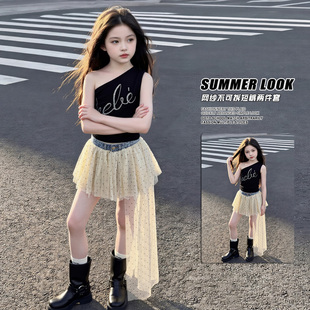 女童潮搭爵士舞套装儿童酷飒辣妹装无袖背心网纱短裤走秀舞蹈潮服