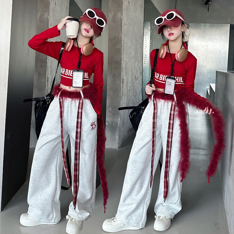 女童t恤毛毛腰带卫裤爵士舞套装