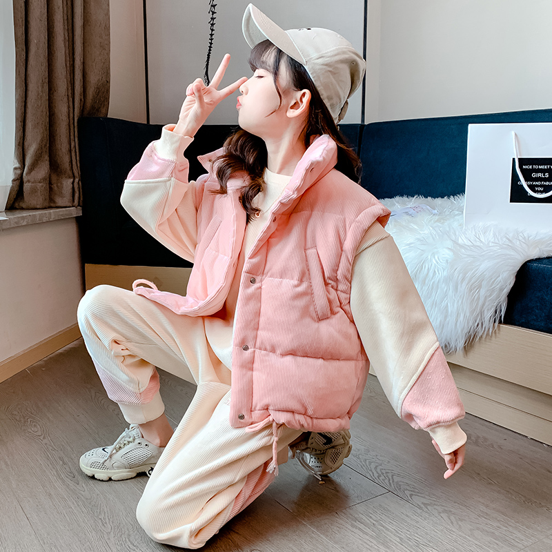 女童加绒加厚马甲卫衣卫裤三件套