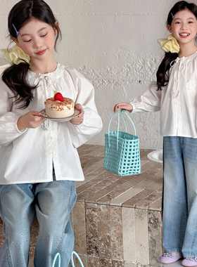 女童春秋长袖T恤套装儿童百搭白色花朵衬衫中大童时髦衬衣小衫潮