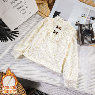 女童秋冬加绒加厚t恤2025新款儿童蕾丝花边打底衫中大童立领内搭