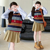 儿童洋气学院风马甲衬衫 女童春秋套装 2026新款 百褶裙中大童连衣裙