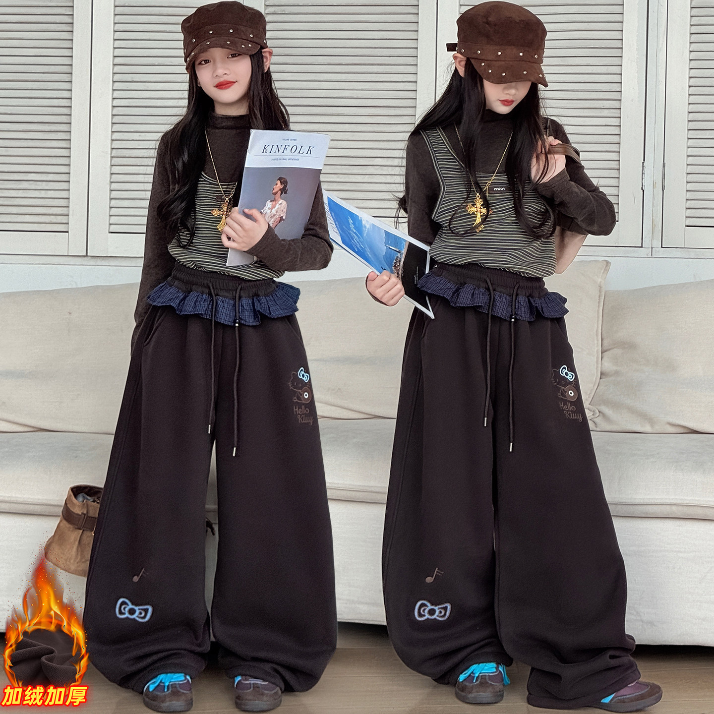 女童秋冬加厚爵士舞套装儿童假两件打底衫卡通加绒卫裤嘻哈街舞服