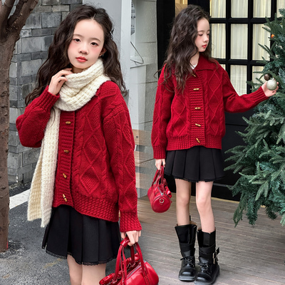 女童年服加厚红色针织开衫
