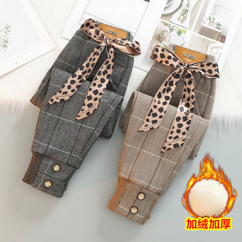 秋冬加绒加厚一体毛呢格子长裤