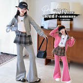 中大童酷飒修身 女童春秋套装 儿童格子连帽外套屁帘喇叭裤 两件套潮