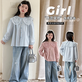 女童春秋长袖 儿童蕾丝花边领设计感衬衣中大童超气质小衫 衬衫 套装