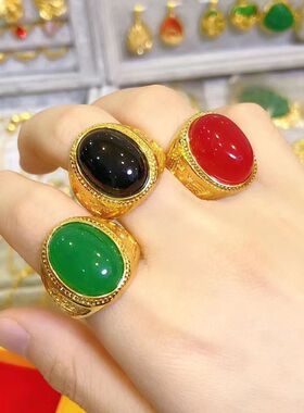 高贵宝石戒指男士霸气沙金开口气质黑宝石指环送父亲节礼物生日