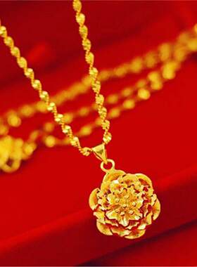 越南沙金吊坠女百合花黄金色项链气质百搭纯金色项坠送妈妈礼物