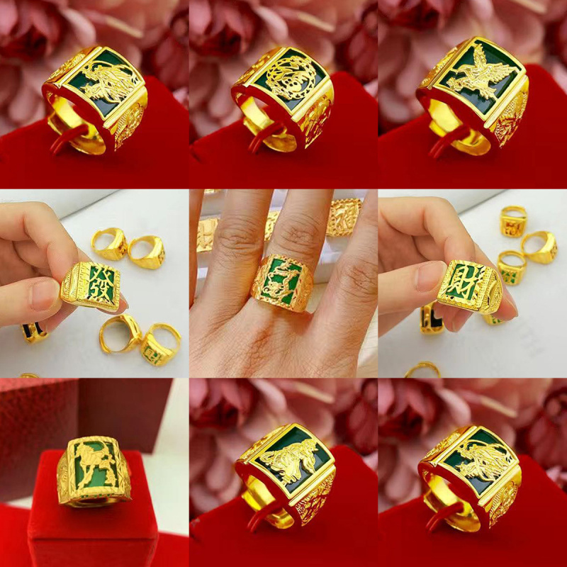 黄铜镀金开口戒指 越南沙金镶玉髓宝石发财福可调节男士指环批发