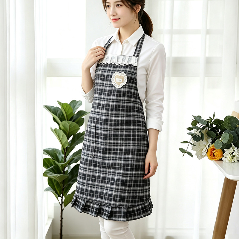 双层格子挂脖防油污家用工作服女