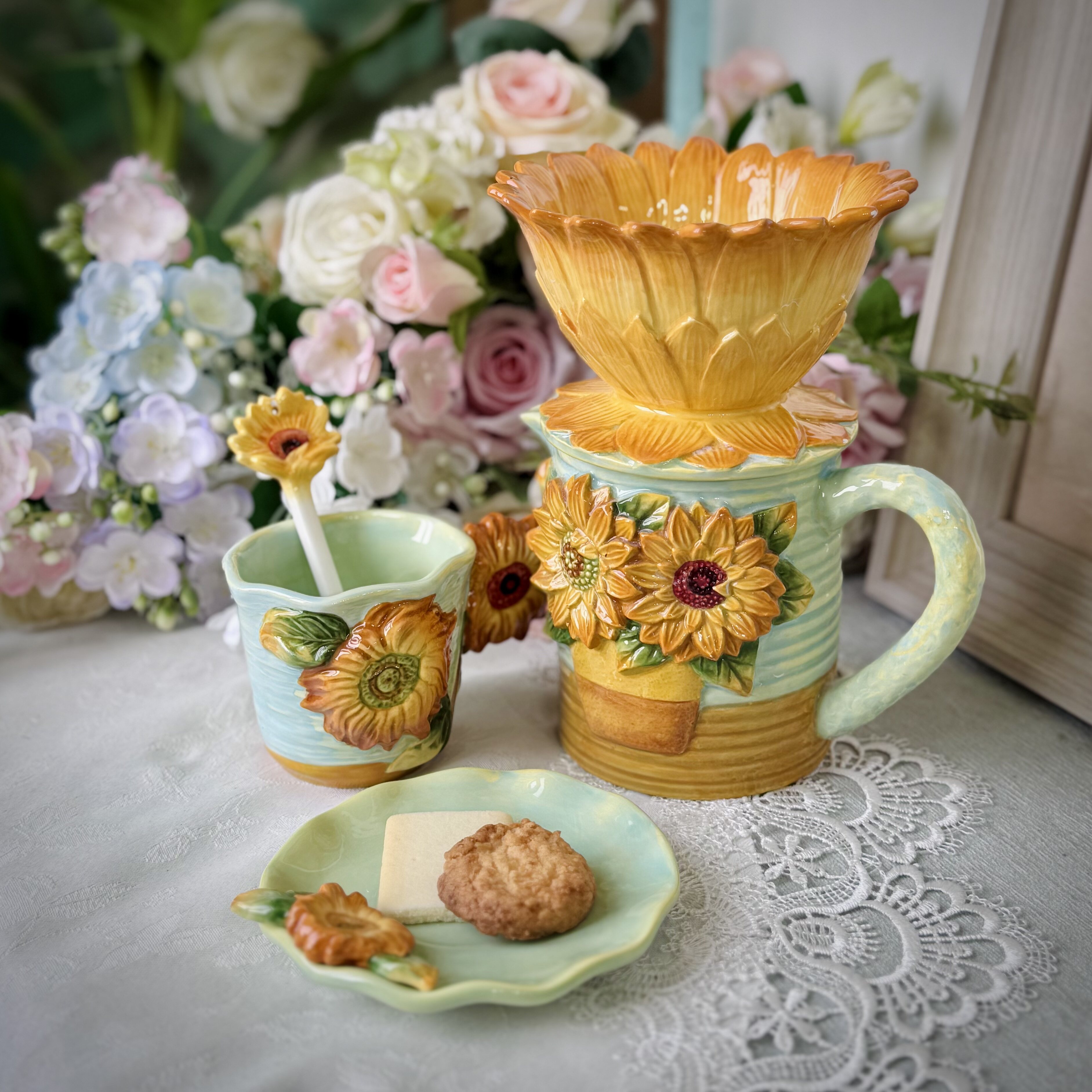 方亚品牌釉下彩梵高油画太阳花陶瓷咖啡过滤杯+咖啡杯咖啡用具