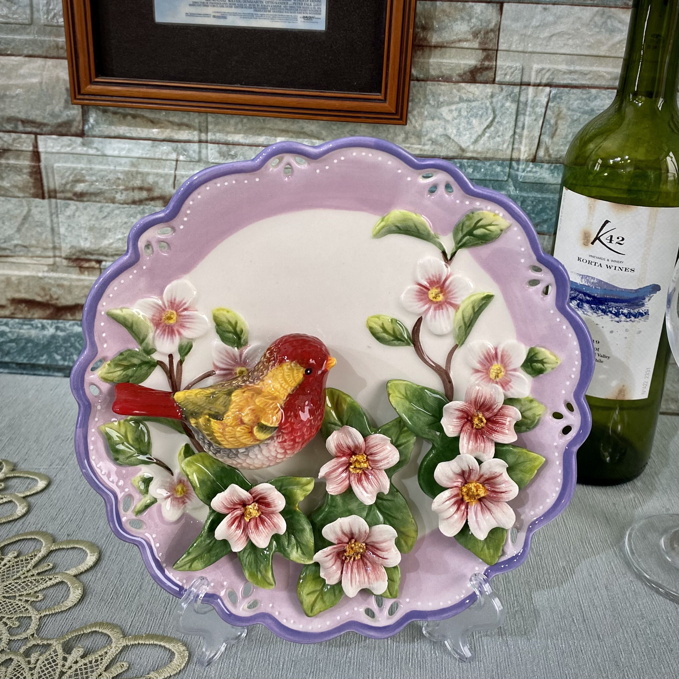 促销方亚木枸花陶瓷挂盘装饰盘挂盘电视柜玄关摆饰摆件家居饰品