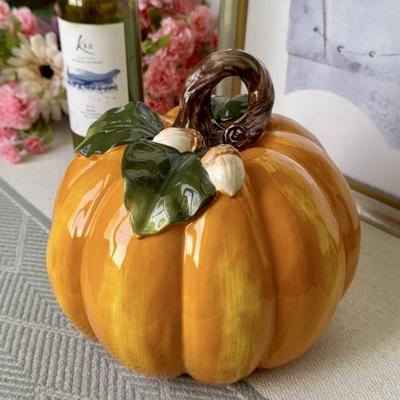 美国FF釉下彩田园桔色大南瓜陶瓷家居饰品玄关玻璃柜摆件摆饰礼品