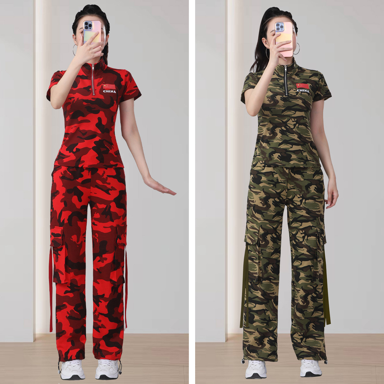 迷彩运动套装女2025夏季新款广场舞服装健身跳操服迷彩时尚工装裤