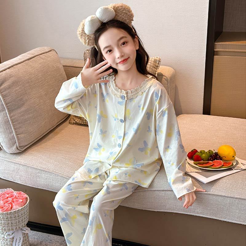 儿童长袖睡衣2025女孩中大童空调新款春秋公主花边女童家居服套装