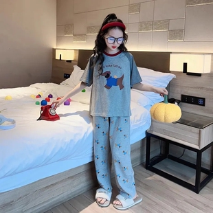 全棉中大童空调薄款儿童女孩家居服夏季卡通纯棉短袖女童睡衣套装