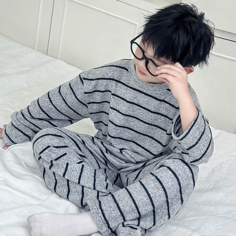 秋冬小孩德绒条纹睡衣男童家居服中大童睡衣儿童秋裤男童睡衣套装