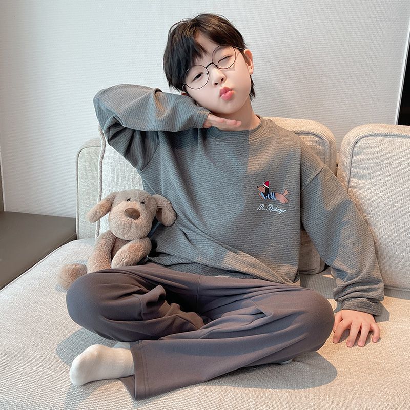 儿童睡衣秋冬新款保暖打底内搭上衣长袖德绒男童家居服套装中大童