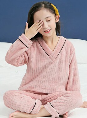 秋冬长袖珊瑚绒女童睡衣套装宽松法兰绒保暖儿童家居服大童空调服