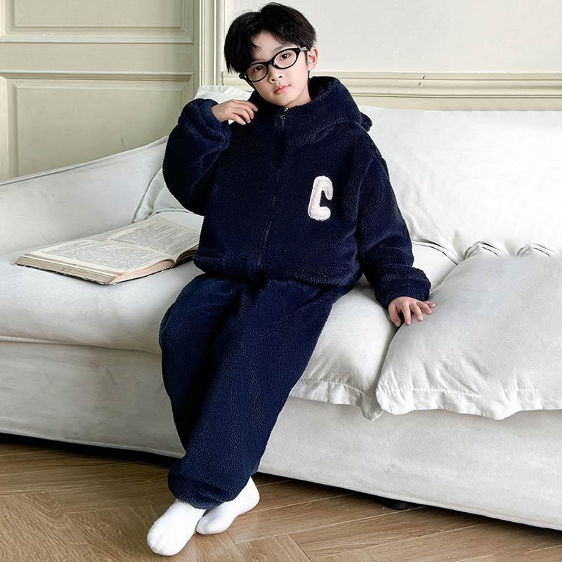 男童2025家居服套装儿童加绒口袋睡衣秋冬季保暖新款宽松洋气休闲