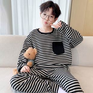 儿童德绒睡衣秋冬季保暖男孩宝宝男童条纹家居服中大童空调服套装