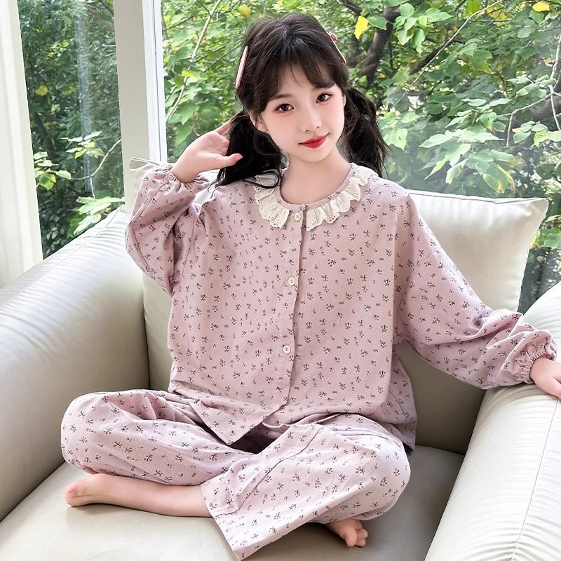 儿童家居服春秋款新款韩版长袖女童睡衣套装宽松居家中大童空调服