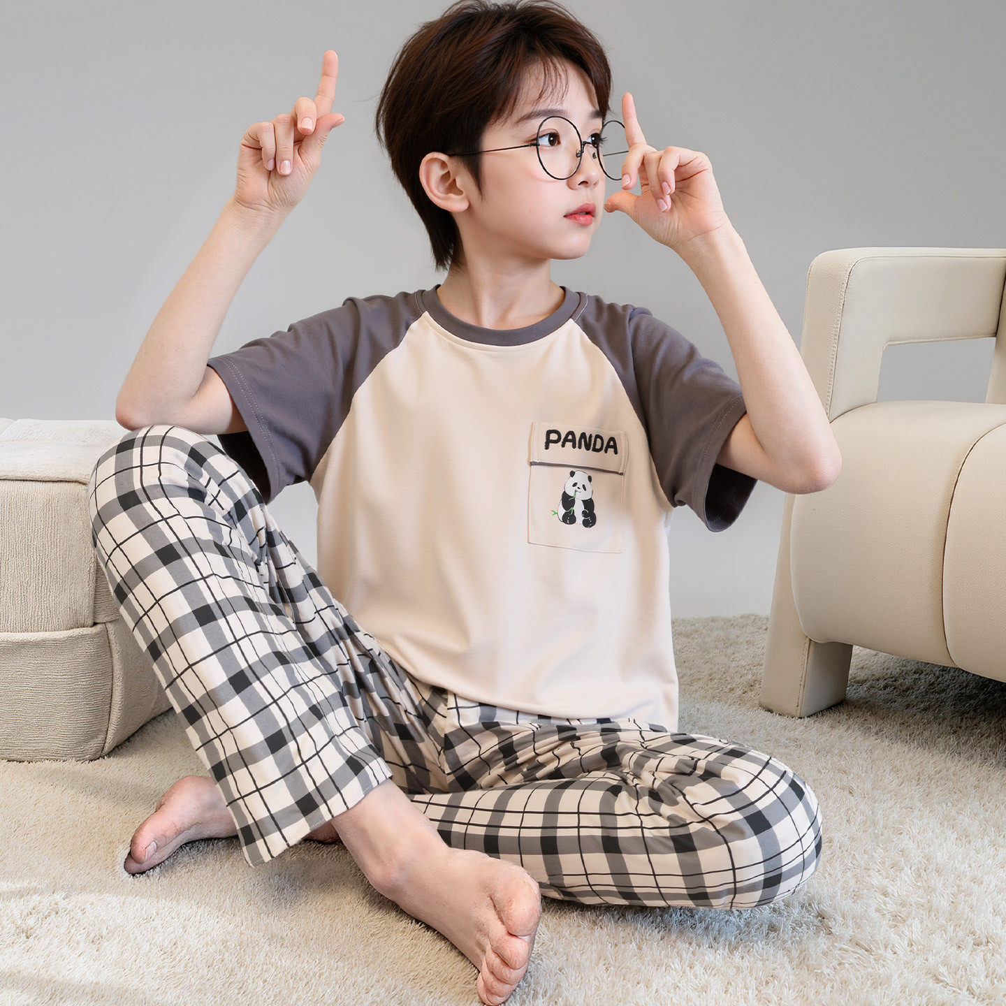 芬腾睡衣男孩夏季纯棉短袖长裤薄款青少年初中学生大童家居服套装