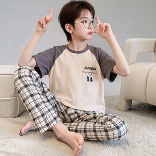 芬腾睡衣男孩夏季纯棉短袖长裤薄款青少年初中学生大童家居服套装
