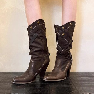 2025夏新方头高跟铆钉中古靴真皮中筒靴女皮带扣侧拉链西部牛仔靴