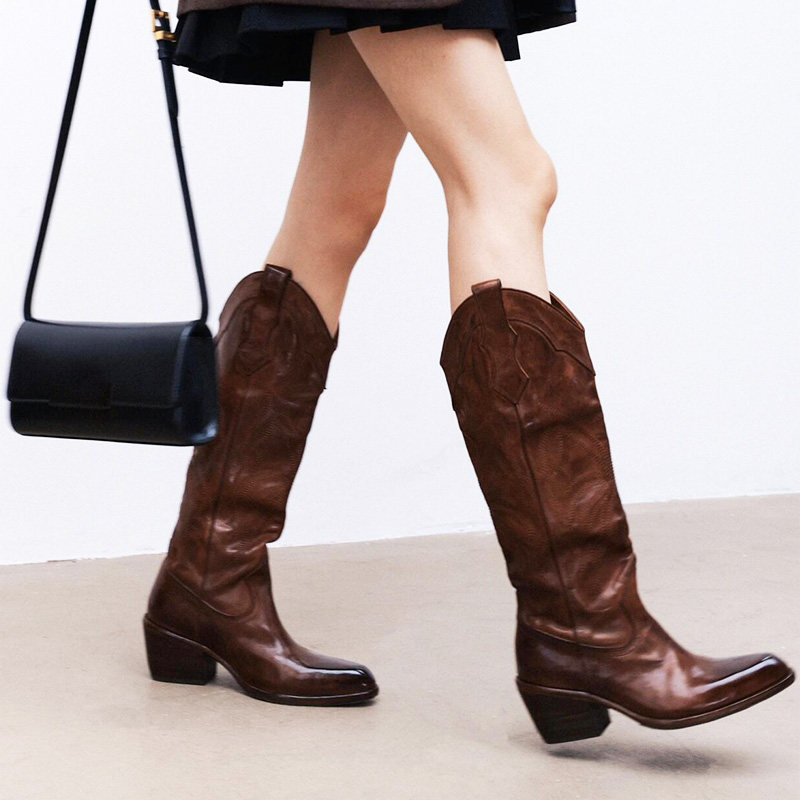 真皮西部牛仔靴女2025春夏v口复古刺绣尖头棕色长筒靴粗跟骑士靴,女鞋,西部靴,淘宝优惠券,粉丝福利购,淘宝优惠卷