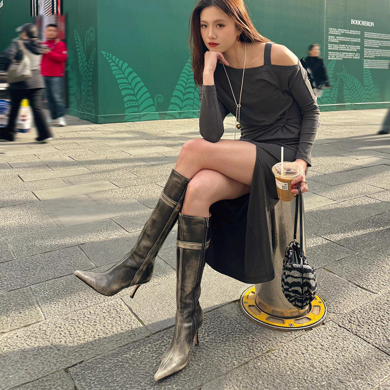 宣美同款复古擦色高筒骑士靴