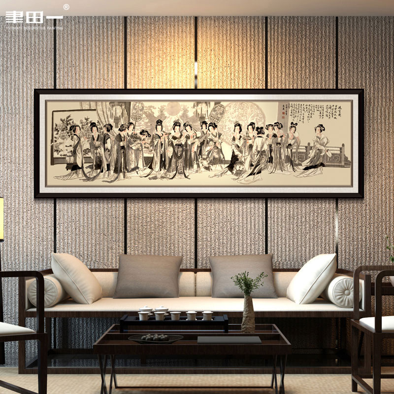 新中式客厅装饰画茶室展厅横版古典人物意境挂画书房过道复古壁画