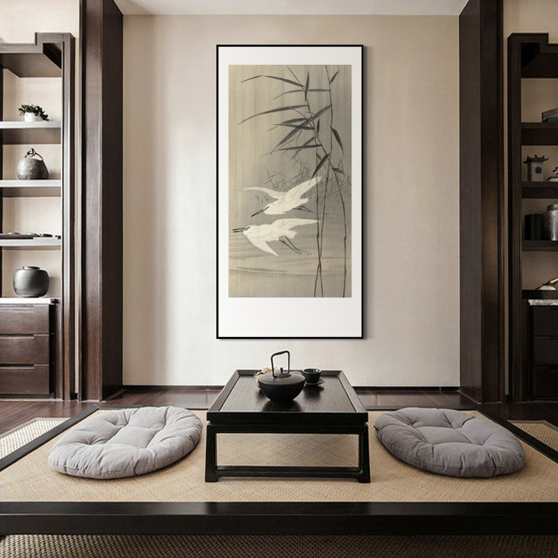 新中式游鱼寓意玄关装饰画雄鹰意境茶室复古壁画竖版沙发背景墙画图片