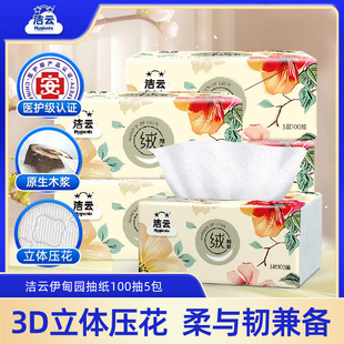 洁云伊甸园亲柔绒触感抽纸立体压花3层100抽5包面巾纸