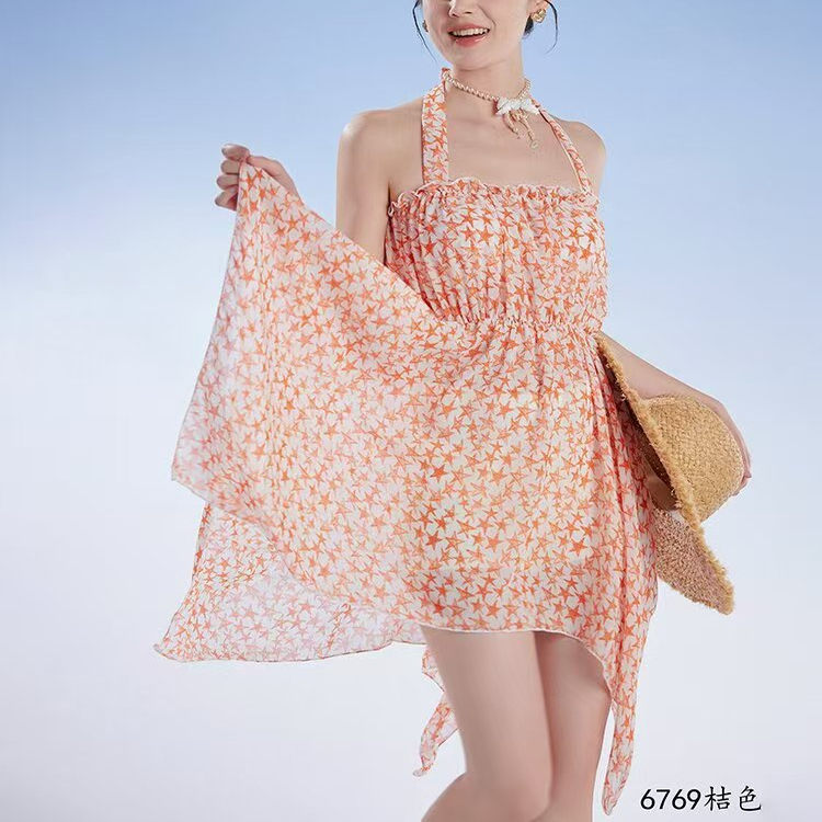 碎花新款女泳衣6769泡温泉遮肚泳装比基尼三件套性感罩衫雪纺泳装