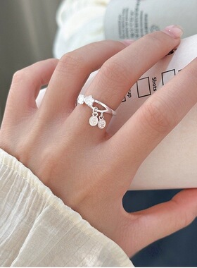 925银复古中国风花朵平安立牌吊坠戒指个性开口可调节食指戒女