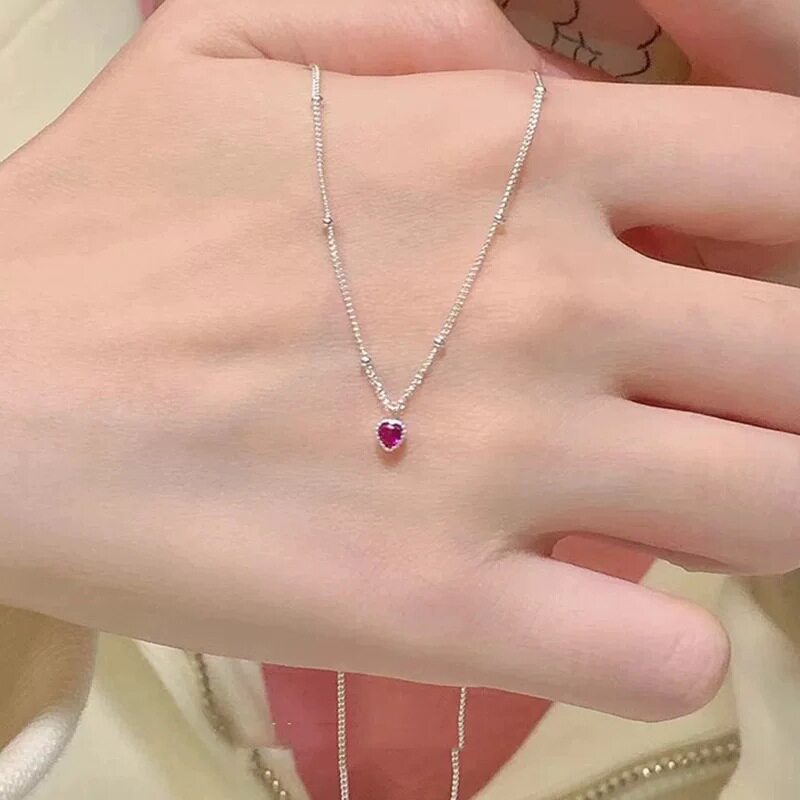 玫红爱心锆石项链女轻奢小众甜美风锁骨链百搭ins风气质吊坠饰品