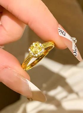 黄钻小方糖戒指女轻奢高级感尾戒开口素圈戒指女小众设计食指指环