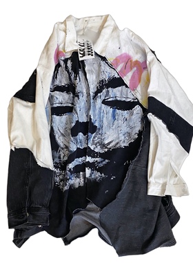 【sharkcolor】将个烂就 手工涂鸦 破坏剪裁设计牛仔拼接衬衫外套