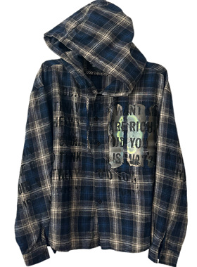 【sharkcolor】remake手工破坏 vintage复古小众连帽格子外套衬衫