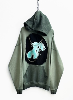 【sharkcolor】手工水洗渐变绿美式复古oversize垂感重磅连帽卫衣