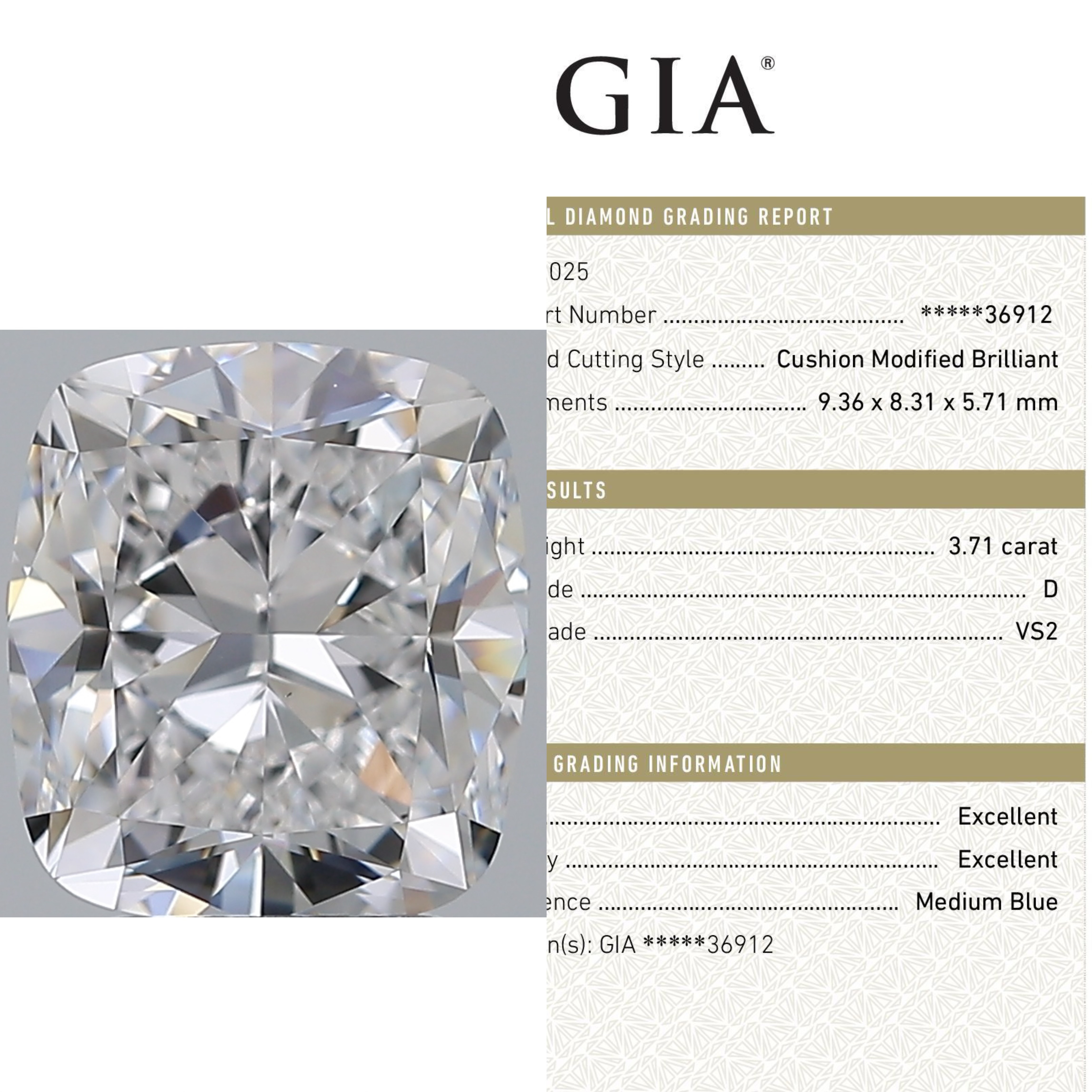 3.71 D VS2枕切垫形cushion   GIA 天然钻 非IGI培育 人工钻