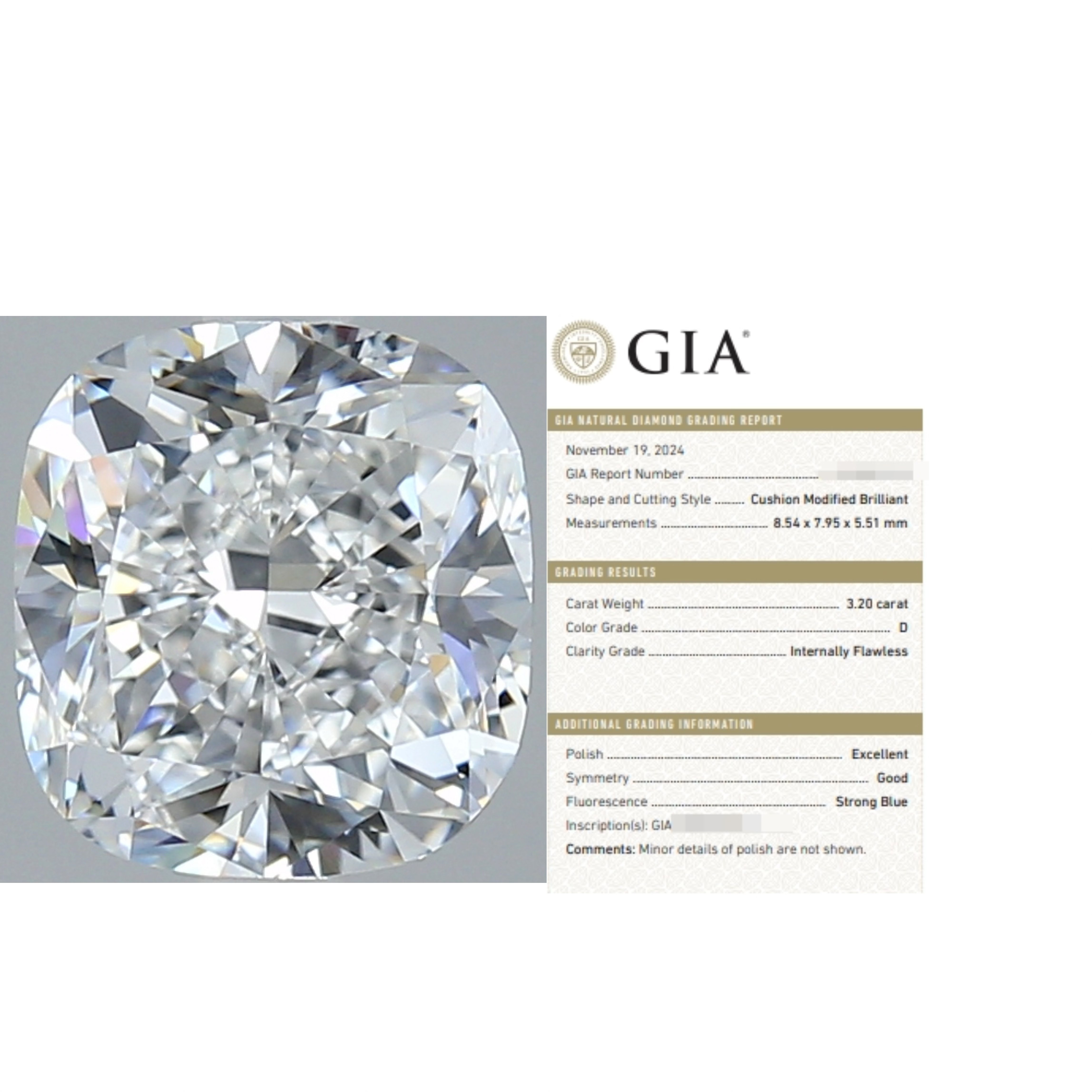 先恩尼 3.2ct D IF GIA枕切裸钻垫形cushion 非实验室igi人工