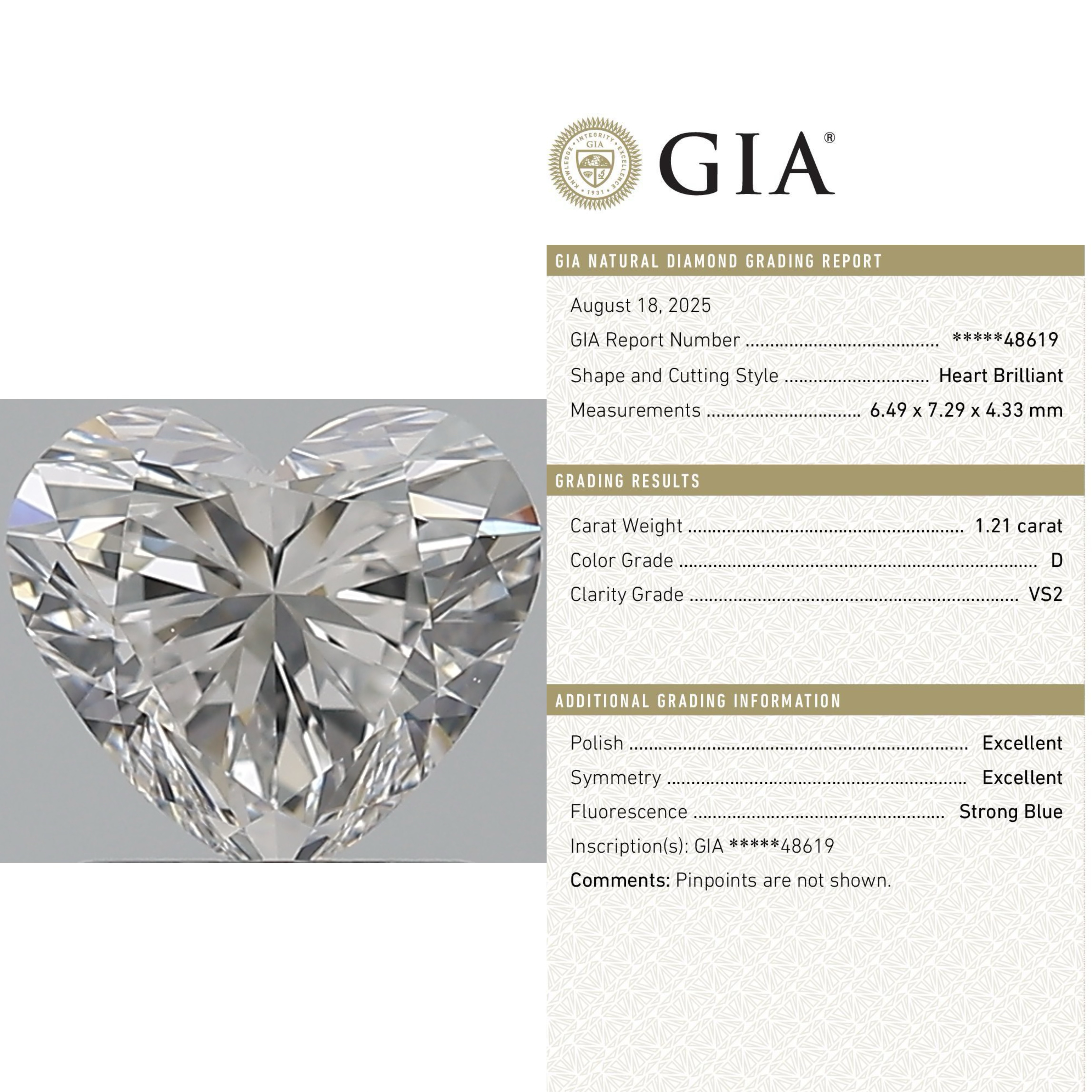 1.21 D VS2爱心 GIA 天然钻 非IGI培育 人工钻