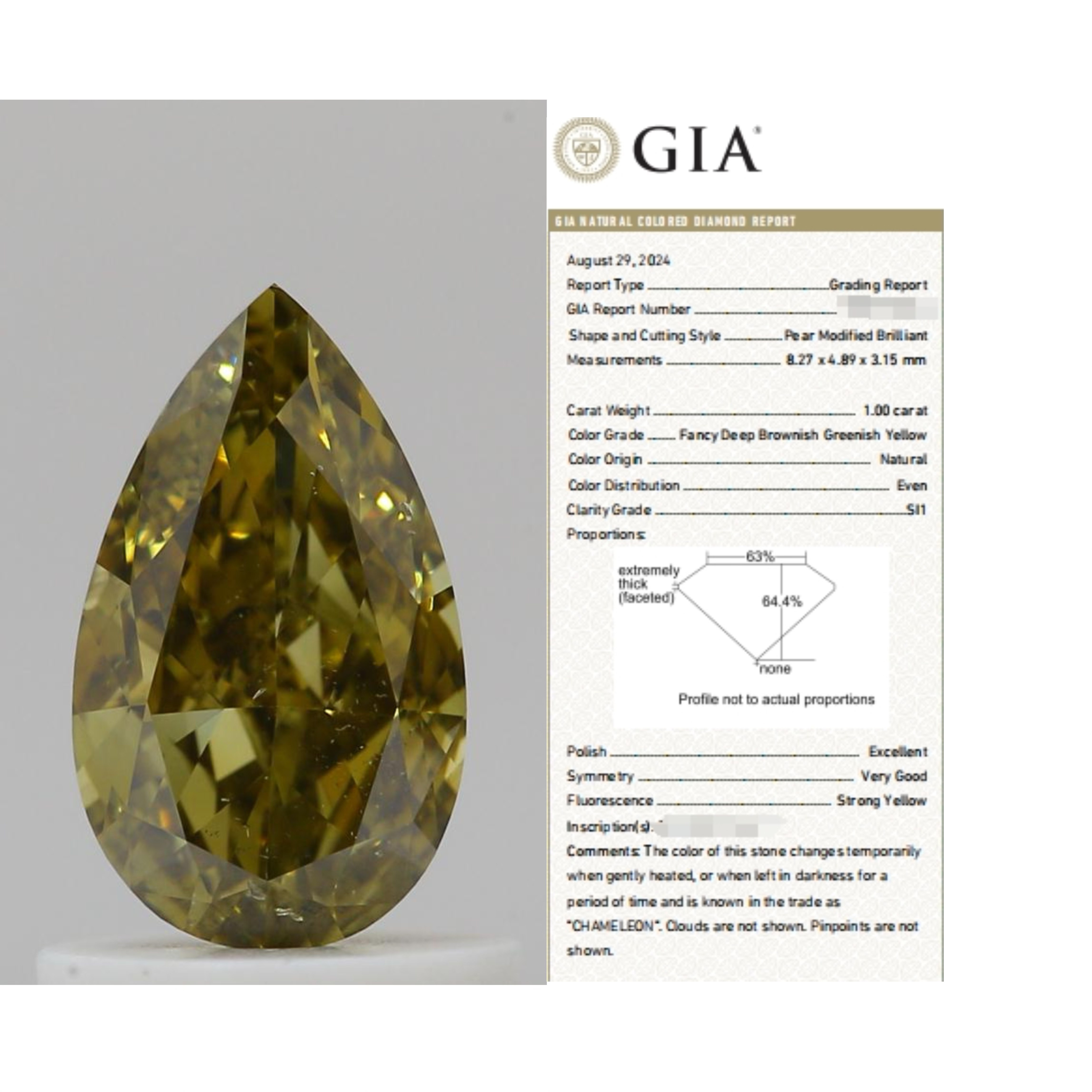 先恩尼 1ct FDBGY SI1 GIA变色龙水滴钻 裸钻支持定制