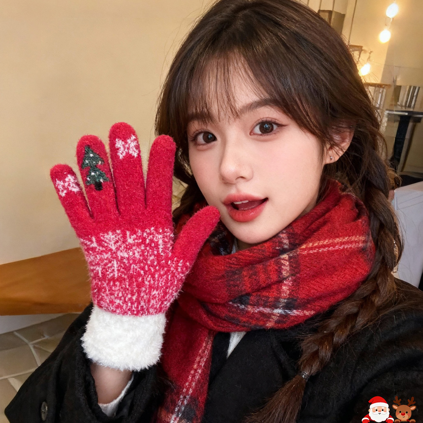 新年圣诞节礼物红色毛线手套女冬季骑行保暖防寒露指针织加厚防风