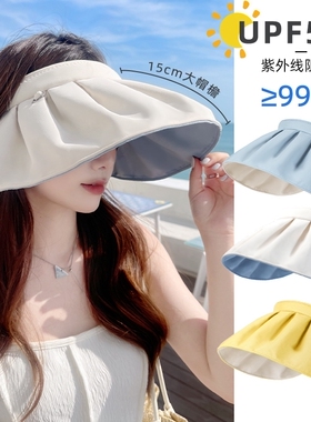 防晒帽女夏季遮阳防紫外线空顶贝壳发箍太阳帽遮脸黑胶大檐可折叠